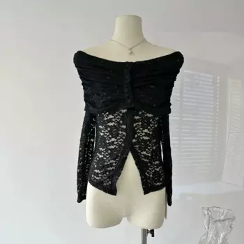 Женская кружевная блузка с открытыми плечами и длинным рукавом