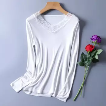 Женская Кружевная футболка с длинным рукавом и V-образным вырезом
