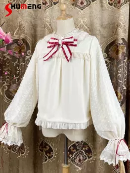 Женская кружевная Лоскутная рубашка в японском стиле, милая рубашка с оборками, воротником-стойкой, бантом, кулиской и длинным рукавом