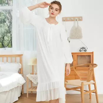 Женская кружевная ночная рубашка, белая длинная винтажная Пижама с вышивкой и длинным рукавом, одежда для сна принцессы в ретро стиле, праздничное платье на осень и весну