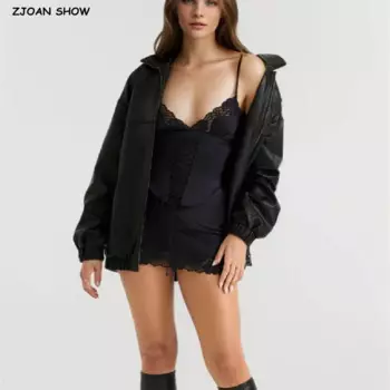 Женская куртка-бомбер из ПУ кожи, черная Свободная куртка-бомбер на молнии с отворотом, Y2K, 2024