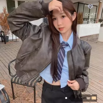 Женская куртка-бомбер из ПУ кожи, на молнии