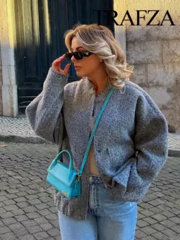 Женская куртка-бомбер с длинным рукавом и мехом ягненка