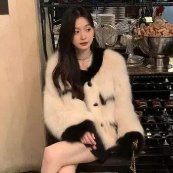 Женская куртка из искусственного лисьего меха, короткая зимняя куртка контрастных цветов в Корейском стиле, модная повседневная куртка из искусственного меха