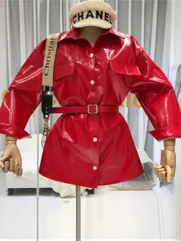 Женская куртка средней длины ALPHALMODA, яркая Дизайнерская куртка из искусственной кожи с поясом на осень