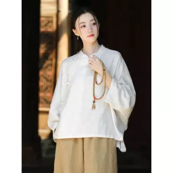 Женская льняная футболка с круглым вырезом, длинным рукавом