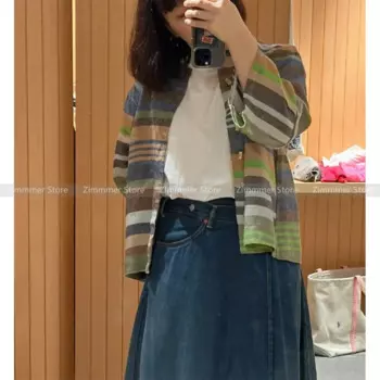 Женская льняная рубашка в полоску, с круглым вырезом