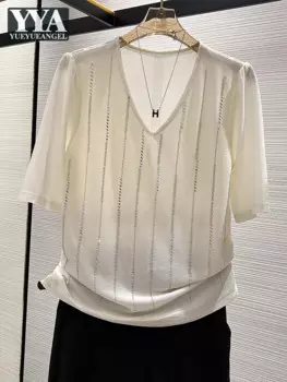 Женская летняя дышащая футболка с V-образным вырезом и рукавом до локтя