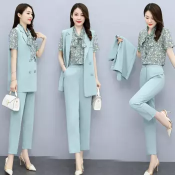 Женская летняя обувь 3 предмета костюмы элегантный женский Блейзер, куртка + кофта + длинные штаны Женские рабочие брюки костюм с блейзером набор