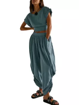 Женская летняя одежда, комплект из 2 предметов, однотонный укороченный топ с рукавом летучая мышь, шаровары, повседневный спортивный костюм