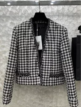 Женская модельная куртка с длинным рукавом, повседневная куртка с глубоким V-образным вырезом и пуговицами, куртка с имитацией карманов тысячи птиц на осень