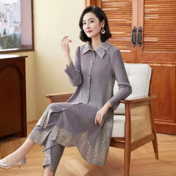 Женская Новинка весны 2024 от Miyake, одежда для мам среднего и пожилого возраста, Кардиган большого размера из двух предметов, брюки