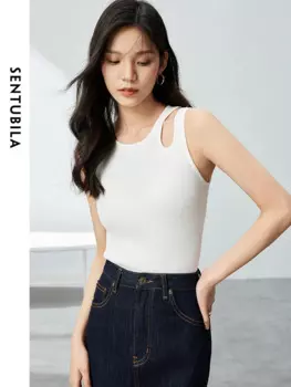 Женская облегающая Трикотажная майка SENTUBILA 2024, летняя однотонная повседневная женская простая футболка с вырезами и круглым вырезом, футболка без рукавов W42I54792