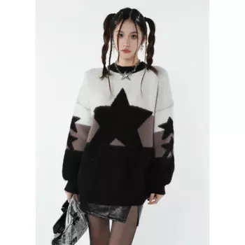 Женская одежда, черный свитер со звездами, контрастный Модный зимний женский плотный вязаный пуловер с длинным рукавом