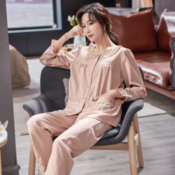 Женская одежда для осени, пижамные комплекты, кардиган с круглым вырезом, одежда для сна, клетчатая Пижама, Женская Хлопковая пижама с длинным рукавом, женская пижама XXXL