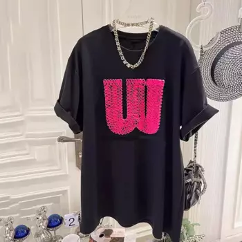 Женская одежда, футболка с коротким рукавом, женская летняя новая Корейская свободная футболка средней длины с надписью, Женская хлопковая Футболка с круглым вырезом