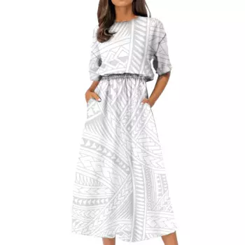 Женская одежда на заказ, полинезийский цветочный Гавайский дизайн, женская белая юбка с круглым вырезом и коротким рукавом, женское платье