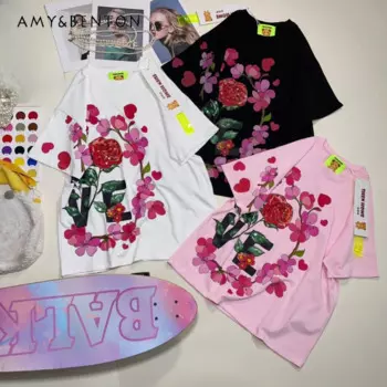 Женская одежда, Новинка лета 2024, футболки в Корейском стиле Y2k, модный винтажный пуловер с цветочным принтом и бусинами, футболка с коротким рукавом