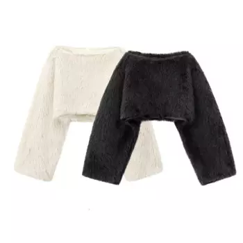 Женская одежда осенью и зимой 2024, новая мода, свитер с круглым вырезом и эффектом искусственного меха, женский пуловер с длинными рукавами, шикарный топ