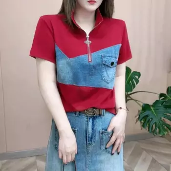 Женская одежда, самые популярные рубашки, Женская Модная Джинсовая футболка с полумолнией и коротким рукавом