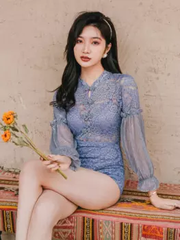 Женская одежда, сексуальный синий купальник, цельный бикини, кружевной пляжный Сказочный купальник в стиле ретро, женский весенний купальный костюм, 2021