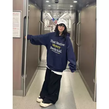 Женская одежда Синяя винтажная уличная толстовка с капюшоном с буквенным принтом, длинные рукава, отдых, тепло, большая свободная женская блузка, осень