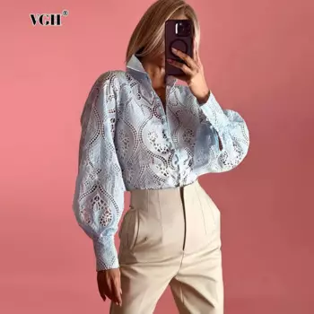 Женская однотонная блузка с отложным воротником и длинным рукавом