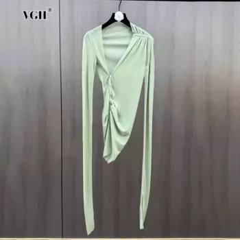 Женская Однотонная футболка с V-образным вырезом и длинным рукавом