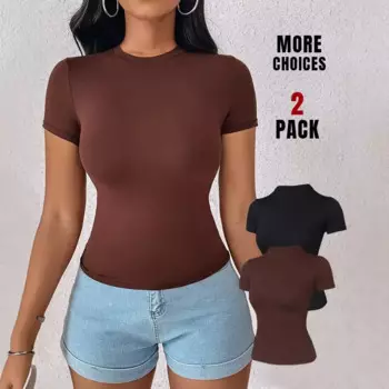 Женская Однотонная футболка, Топ 2 шт. в упаковке, футболка с круглым вырезом и коротким рукавом, облегающие базовые футболки