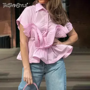 Женская Однотонная рубашка TWOTWINSTYLE, с оборками, с отворотом и коротким рукавом