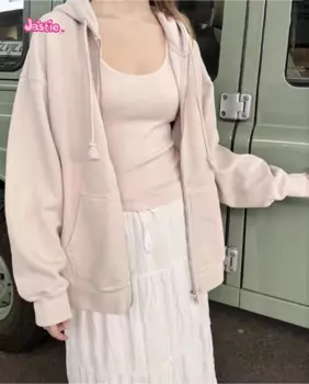 Женская однотонная толстовка с двойным карманом, на молнии