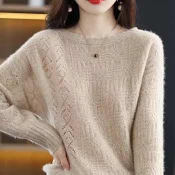 Женская осенне-зимняя одежда из 100% шерсти, вязаный однотонный пуловер с круглым вырезом и вырезами, милая и Легкая блузка