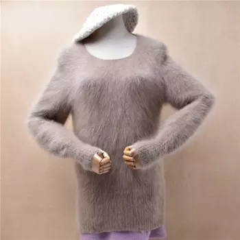 Женская осенне-зимняя одежда Mujer, волосатые волосы ангорского кролика, вязаные тонкие блузки с круглым вырезом и длинными рукавами, пуловер, свитер, джемпер, топ
