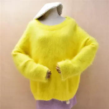 Женская осенне-зимняя одежда Mujer, волосатый плюшевый норковый кашемировый вязаный свободный пуловер с круглым вырезом и длинными рукавами, свитер, джемпер, топы