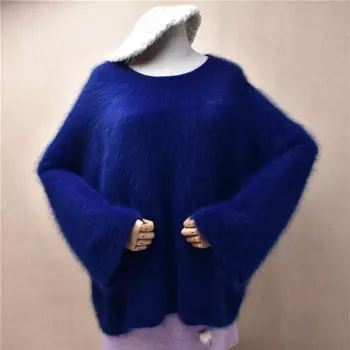 Женская осенне-зимняя одежда, синий пушистый кашемировый вязаный пуловер из меха норки с круглым вырезом и длинными рукавами, Свободный пуловер из ангоры