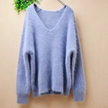 Женская осенне-зимняя одежда, синий пушистый шерстяной вязаный пуловер из ангоры с V-образным вырезом и длинными рукавами, свитер, джемпер