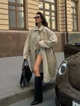 Женская осенне-зимняя однобортная длинная куртка цвета хаки