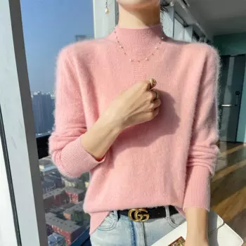 Женская осенне-зимняя трикотажная Однотонная рубашка с полувысоким воротником из мериноса