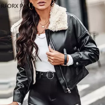 Женская Осенняя куртка из искусственной кожи и овечьей шерсти