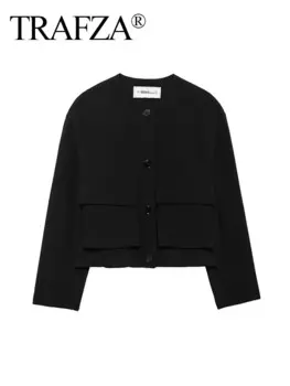 Женская Осенняя куртка с карманами и круглым вырезом