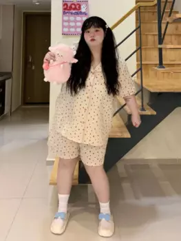 Женская пижама для полных девушек, новинка 2024, летние шорты с коротким рукавом, домашняя одежда, костюм из чистого хлопка