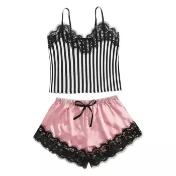 Женская пижама из двух предметов с V-образным вырезом, пикантный кружевной пижамный комплект с шортами, Повседневный Женский пижамный комплект без рукавов