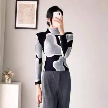 Женская плиссированная блузка с длинным рукавом, новинка 2022, модная облегающая универсальная блузка-пуловер с высоким воротником и принтом