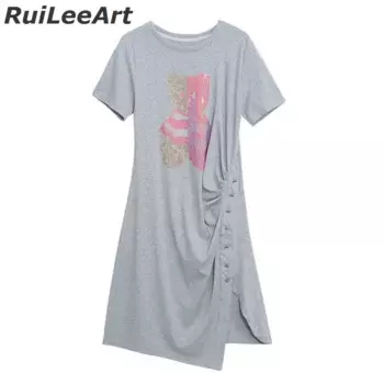 Женская плиссированная длинная футболка с коротким рукавом и круглым вырезом