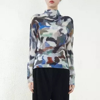 Женская плиссированная футболка с длинным рукавом, с принтом