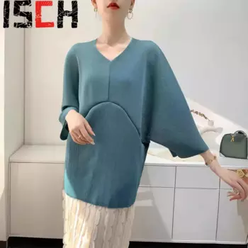 Женская плиссированная футболка с V-образным вырезом, большого размера