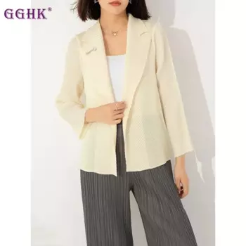 Женская плиссированная куртка GGHK Miyake, однотонный кардиган с отложным воротником и длинным рукавом, элегантная осенняя куртка, топы