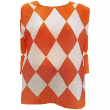 Женская плиссированная модная футболка, новинка весны 2023, рубашка оранжевого и белого цветов с ромбовидным принтом и круглым вырезом, футболка большого размера с семиконечными рукавами