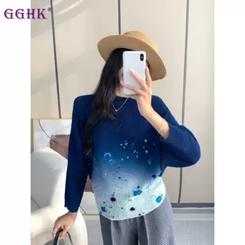 Женская плиссированная Повседневная футболка GGHK, весна-осень 2024, новый градиентный цвет, дизайнерская свободная модная футболка большого размера с рукавом фонарик