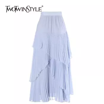 Женская плиссированная Свободная юбка TWOTWINSTYLE, однотонная элегантная трапециевидная юбка с соединением, с высокой талией, KSK506850